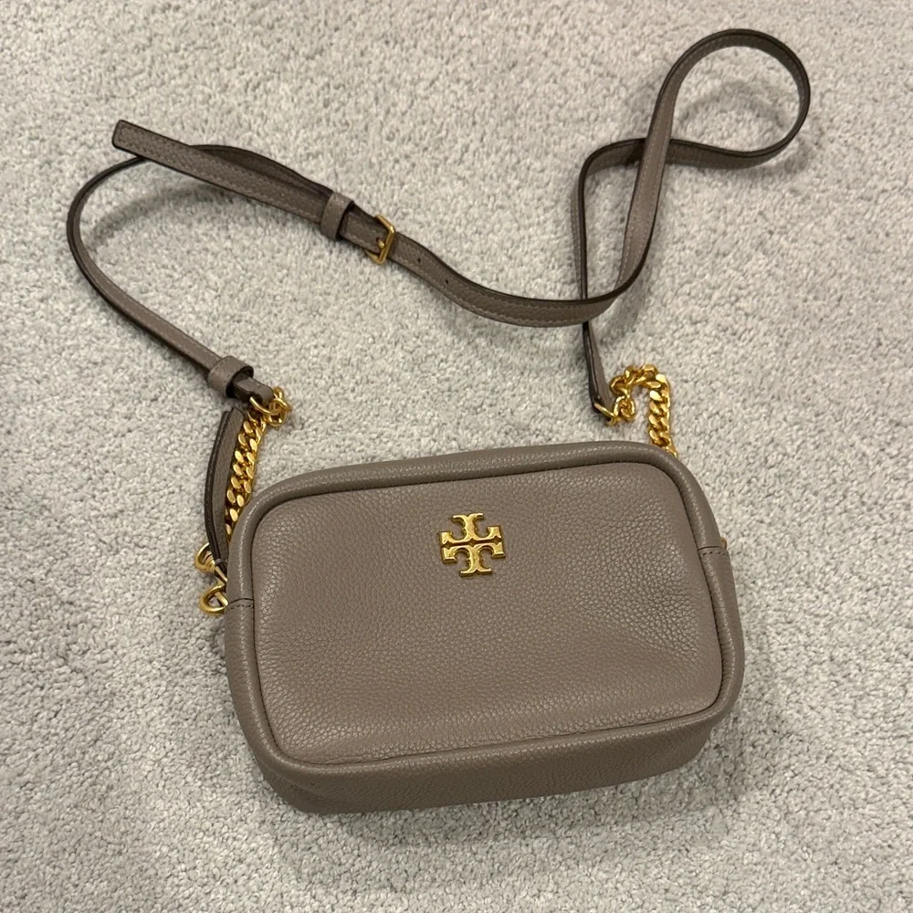Tory Burch Taupe Pebbled Leather Crossbody with Gold Chain